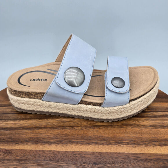 Aetrex Shoes - Aetrex Sofie Sandals Women's 7.5 Blue Leather Straps Comfort Buttons Platform